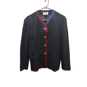 Vintage 80s Flick Aktuell Blazer Wool Blend Navy Blue Green Red Trim Women's 10